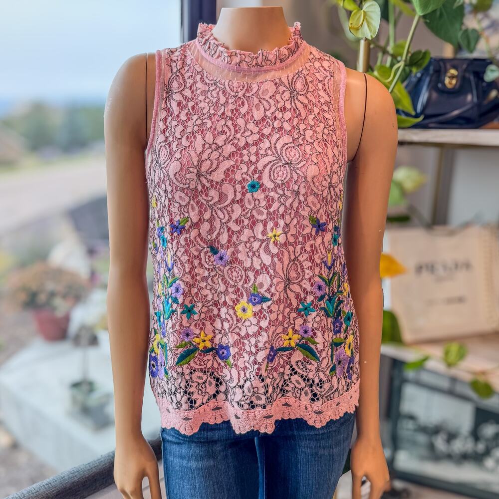 BluHeaven Pink Floral Embroidered Lace Sleeveless Top High Ruffled Neck,  Small - Picture 5 of 10